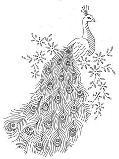 a black and white drawing of a peacock