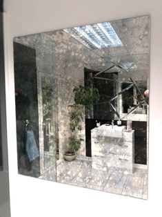 the reflection of a bathroom in a glass doored shower stall with plants on it