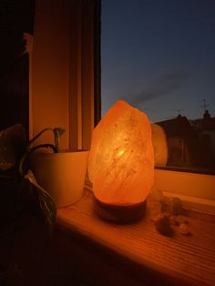 a large rock sitting on top of a window sill next to a potted plant