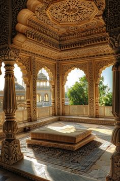 an intricately decorated room with pillars and arches