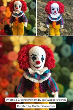 Find the perfect Halloween amigurumi clown pattern to make for yourself in this collection. Use it as a unique Halloween-themed decoration for your office or workspace. Check out the entire collection of crochet patterns and save your favorite for later. Crochet patterns curated by TheYarnCrew. Clown Pattern, Halloween Themes Decorations, Creepy Clown