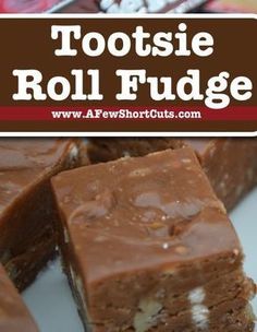 chocolate fudge bars stacked on top of each other with text overlay that reads, tootsie roll fudge