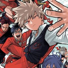 an anime character is surrounded by many other characters and their hands are up in the air