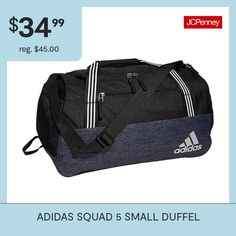 This adidas duffel bag is designed for the gym, team travel or a weekend away. It has a roomy main compartment with inner zip pockets. A ventilated shoe garage keeps wet or muddy items separate. A mesh pocket at the other end holds your water bottle.Closure Type: ZipperPockets: 2 Outside Zipper PocketsMeasurements: 11 Width/Inches, 21 Depth/Inches, 12 Height/InchesBase Material: 100% PolyesterCare: Wipe CleanCountry of Origin: Imported Black Adidas Bags For Outdoor Activities, Black Adidas Bag For Everyday Use, Adidas Functional Gym Bag For Everyday, Functional Adidas Gym Bag For Everyday, Casual Black Adidas Gym Bag, Sporty Duffle Bag With Zipper Pocket For Sports, Sporty Black Duffle Bag For Sports, Adidas Casual Sports Gym Bag, Sporty Duffle Bag With Zipper Closure