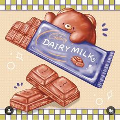 an illustration of a chocolate bar with a teddy bear holding it's wrapper