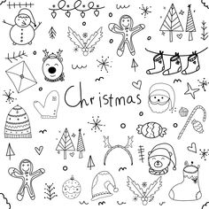 hand drawn christmas doodles on white paper with the words merry written in black and white