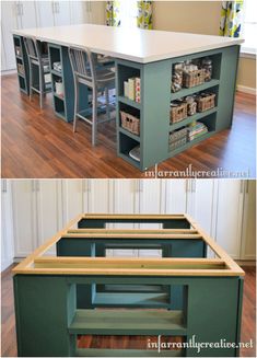 the kitchen island is made from an old table