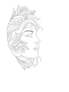 a drawing of a woman's face with flowers in her hair and leaves on her head