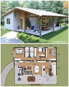 two pictures of small houses in the same area, one has a porch and another has an open floor plan