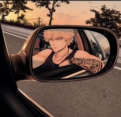 an anime character is seen in the side mirror of a car