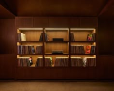 a wooden shelf filled with lots of different types of records and cds on top of it