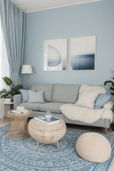 a living room with blue walls and rugs on the floor in front of it