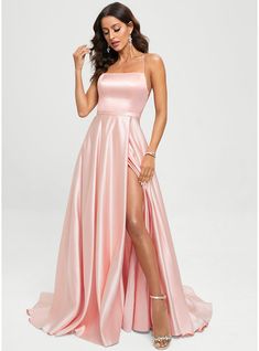 JJ's House Satin Square <=200 Fall Spring Summer Winter A-line General Plus Leg Slit Crossed Straps Simple Beautiful Back Modest Prom Dresses Pearl Pink Height:5.8ft（176cm） Bust:32in（82cm）Waist:24in（61cm）Hips:35in（89cm） No Sweep Train Pink Model Name:Ulia  Height:5. #JJ's House #Satin #Square #<=200 #Fall #Spring #Summer #Winter #Aline #General #Plus #LegSlit #CrossedStraps #Simple #BeautifulBack #ModestPromDresses #PearlPink #No #SweepTrain #Pink Prom Dresses With Straps Modest, Pink Aline Prom Dress, Super Cute Prom Dresses, Pink Bridesmaid Dress Plus Size, Light Pink Floor Length Dress, Shiny Pink Prom Dress, Long Simple Prom Dresses, Sweet Sixteen Dresses Long Simple, Light Pink Prom Dress Long Simple