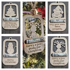 four christmas ornaments hanging from a tree with the words here's a few picks for christmas