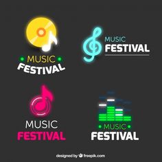 four logos for music festival with neon colors