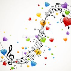 colorful music notes with hearts and trebles on white background stock photo - image