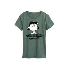 She will love showing off her style with this Women's Peanuts Lucy This Is How Eye Roll Graphic Tee. FEATURES Short sleeves CrewneckFABRIC & CARE Solid Color: Cotton ; Heather Colors: Cotton/Polyester Machine wash Imported Size: Small. Color: Heather Green. Gender: female. Age Group: adult. Cricket Shirts, Peanuts Lucy, Funny French, Heather Green, Plus Size Fits, Eye Roll, Snoopy And Woodstock, How To Show Love, 2024 Fashion