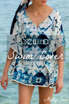 a woman standing in the water wearing a blue and white dress with words saying sew a swim cover