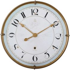 an old clock with roman numerals on the face and numbers painted blue, white and gold