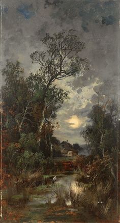 an oil painting on canvas of a wooded landscape with a river and house in the distance