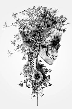 a black and white drawing of a skull with flowers on it's head, in front of a white background