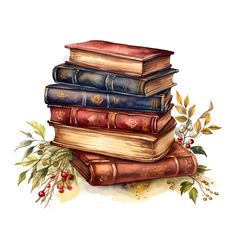 a stack of books sitting on top of each other next to berries and greenery