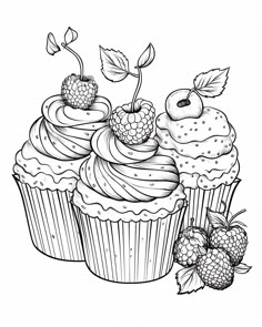 two cupcakes with raspberries on top are shown in black and white