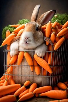 a rabbit sitting in a basket full of carrots