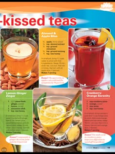 a poster with different types of teas and drinks on the front page, including lemon ginger