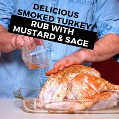 a man holding a turkey in front of a glass dish