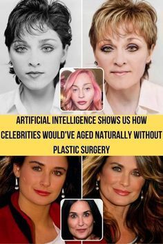 an advertisement for plastic surgery shows women with different facial expressions and hair styles, including the same woman's face