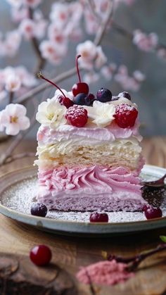 a piece of cake on a plate with cherries