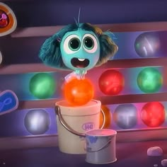 an animated character is standing next to a bucket with balls in it and looking at the camera