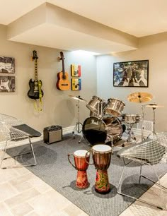 a living room filled with furniture and musical instruments