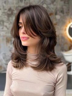 Aesthetic Haircuts With Curtain Bangs, Haircut Shoulder Length Curtain Bangs, Haïr Cut For Shoulder Length Hair, Layered Mid Length Hair Curtain Bangs, U Shape Haircut With Curtain Bangs, Hairstyles For Low Volume Hair, Curtain Bangs And Shoulder Length Hair, Medium Haircut With Lots Of Layers, Curtain Bangs For Shoulder Length Hair