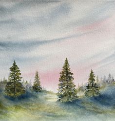 watercolor painting of trees in the distance with pink sky and clouds behind them,