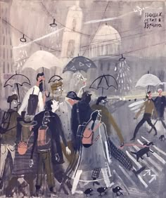 a painting of people walking in the rain with umbrellas over their heads and dogs