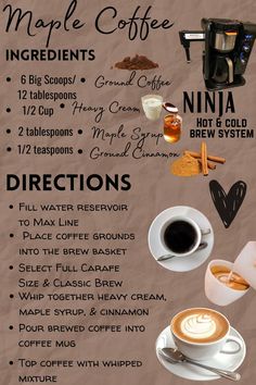 an info sheet with different types of coffees and drinks on it's side