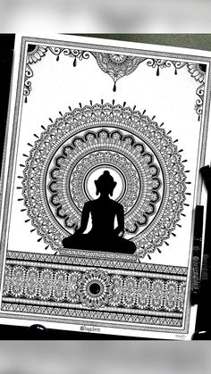 a black and white drawing of a person sitting in the middle of a lotus pose