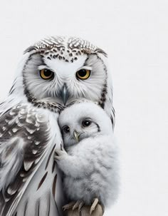 an owl and its baby sitting on top of each other in front of a white background