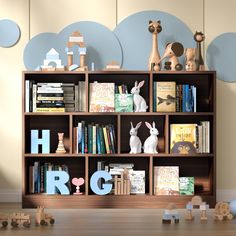 a bookshelf filled with lots of different types of children's toys and books