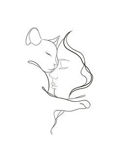 a black and white drawing of a cat kissing another cat's head with its tail curled up