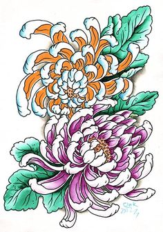 a drawing of some flowers with leaves on it's sides and one flower in the middle