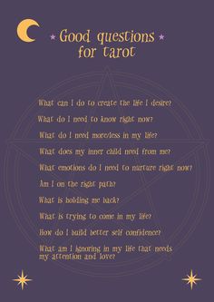 a poem written in gold on a purple background with the words good questions for tarot