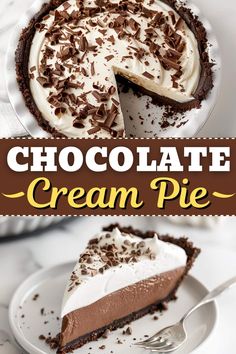 chocolate cream pie on a plate with a slice missing