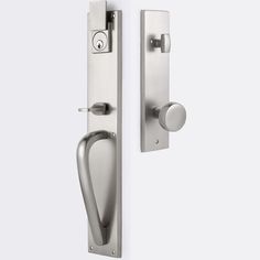 an open door with a handle on the front and side of it, in stainless steel