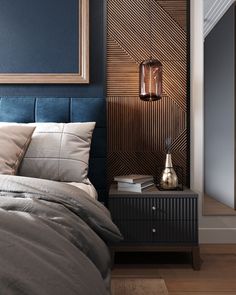 a bed room with a neatly made bed and a night stand