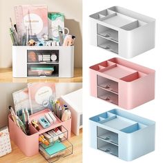 three different types of office supplies are shown in this collage, one is pink and the other is blue