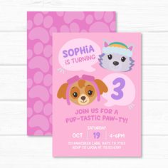 a pink birthday card with a cartoon dog and cat on it, which reads'sopha is turning 3 '