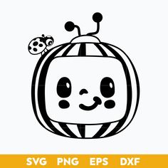 a black and white drawing of a pumpkin with a ladybug on it's head